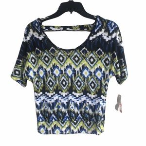 NWT Junior Abbreviated Cropped Top Tribal Print XS Blue Green Sexy Back